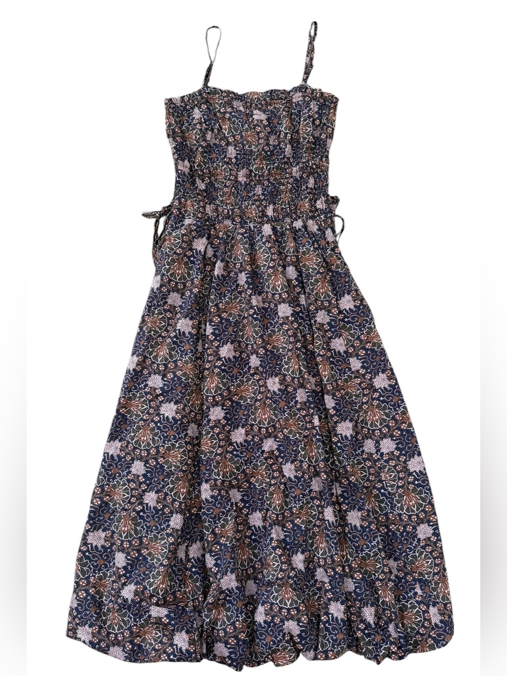 Current/Elliott Navy Floral Smocked Midi Dress with Pale Pink & Rust Accents